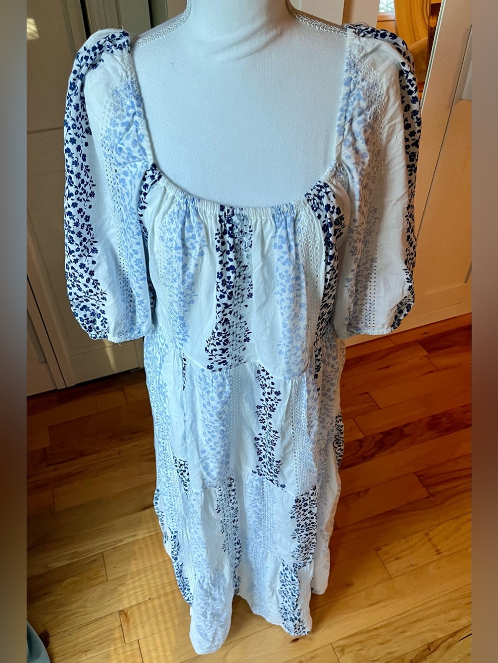 Zara White & Blue Floral Embroidered Maxi Dress | Size S | Cottagecore Boho